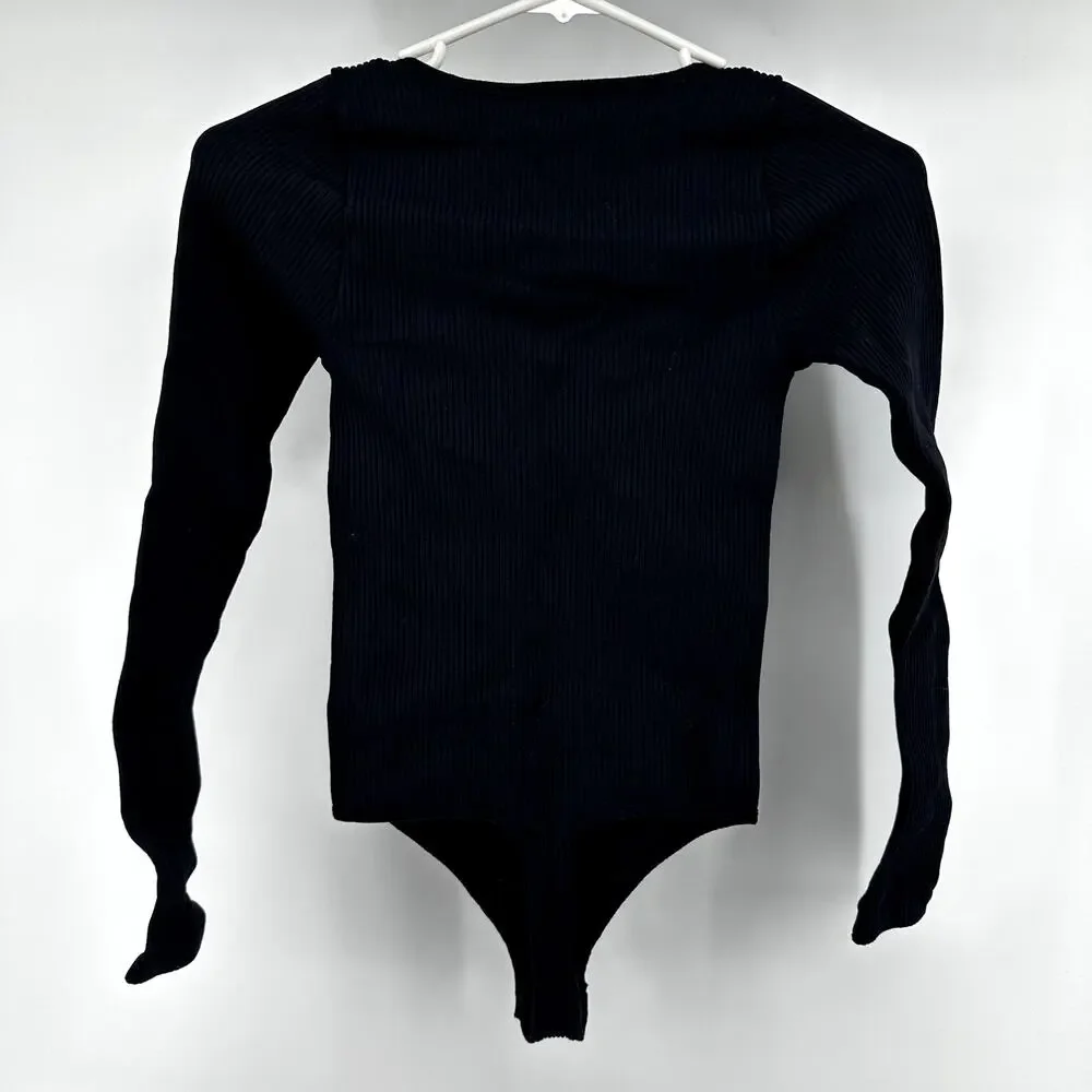 Intimately by Free People XYZ Rib Knit Bodysuit Long Sleeve V Neck Black XS/S